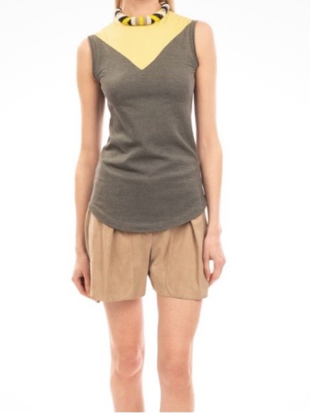 Jo No Fui Sleeveless Colorblock Tank Top in Grey and Yellow W Beaded Neckline